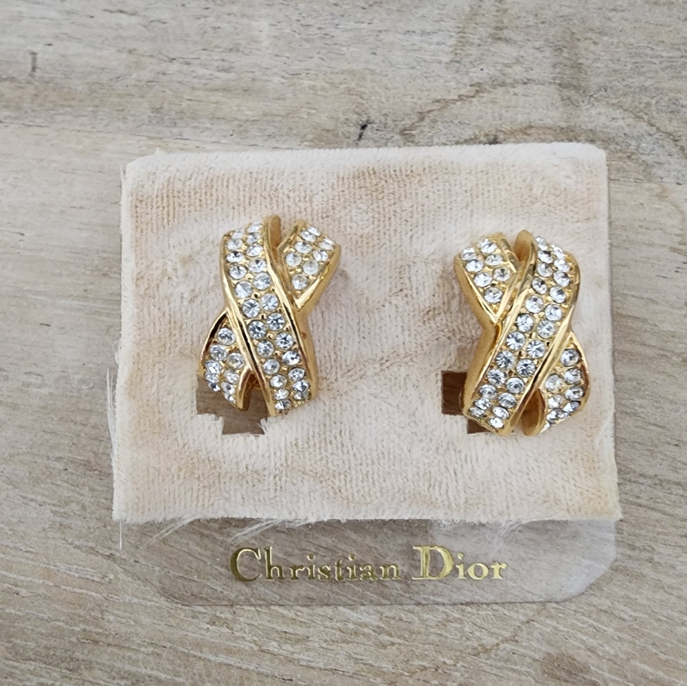 NWT Genuine Christian Dior "X" Crystal Gold Tone Clip on Earrings